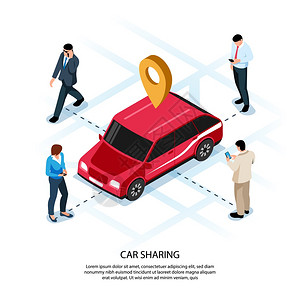 汽车共享人等距广告合移动应用与红色车辆互动位置矢量插图图片