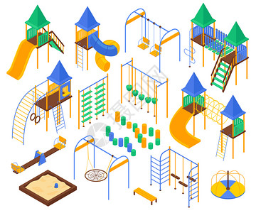 等距儿童游乐场与儿童游戏区设施,娱乐活动设备幻灯片矢量插图的孤立图像背景图片