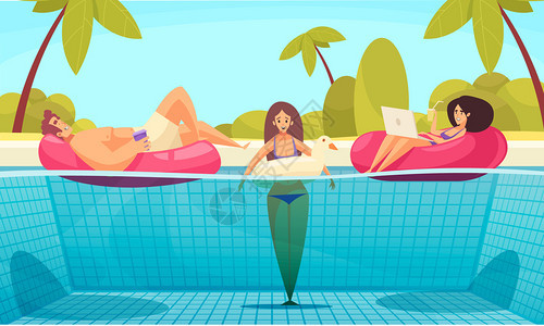海滩构图与夏季景观棕榈游泳池与扁平涂鸦人物的成人放松人矢量插图图片