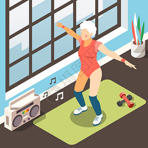 长寿等距背景与现代老妇女适合健身体育锻炼音乐伴奏矢量插图图片