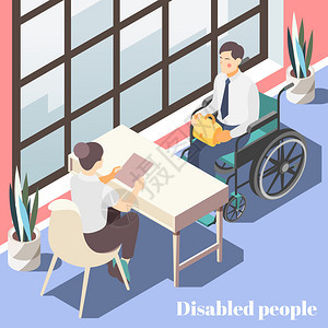 残疾人等距海报,女经理办公室内部矢量插图中与坐轮椅的男交谈图片