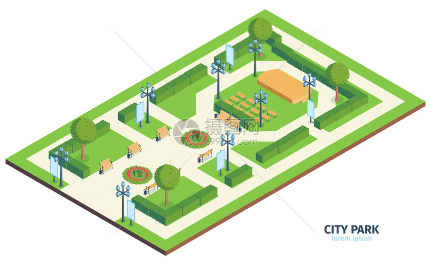 等距城市公园成与文本城市公共花园与长凳灌木丛户外表演舞台矢量插图图片