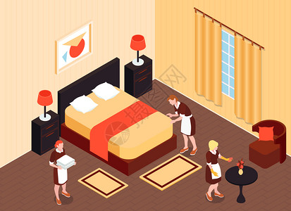 酒店房间等距背景与女佣清洁工准备酒店公寓的结算矢量插图背景图片