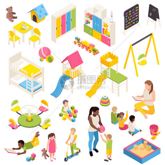 幼儿园等距集的孤立字符的孩子玩具与游戏设备,家具黑板矢量插图图片