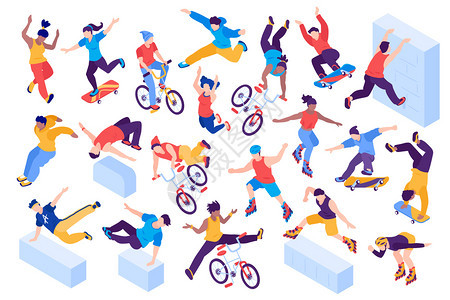 极端城市运动等距与青少跳跃骑自行车,滚轮,滑板,孤立矢量插图图片