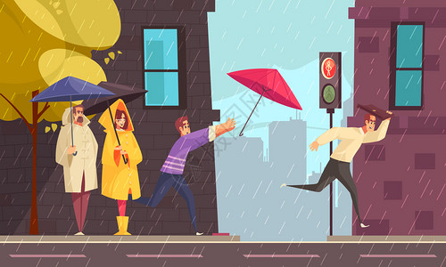 恶劣的阴雨天气城市平坦的构图中,人们穿着雨衣,雨伞下,十字路口矢量插图图片