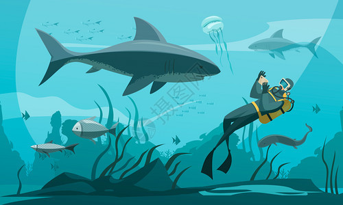 潜水水下冒险作文与人潜水服浮潜鳍拍摄鲨鱼漫画风格矢量插图图片