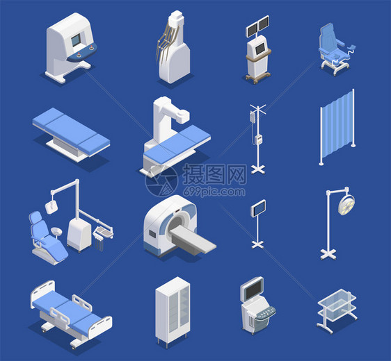 医疗设备等距16个图标的外科设施,椅子,桌子各种用具矢量插图图片