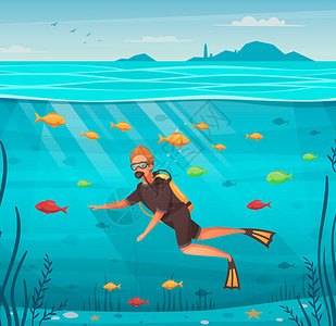 男子水上运动潜水周围五颜六色的鱼卡通矢量插图图片