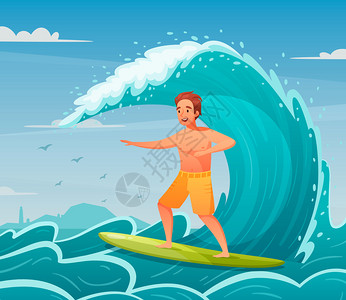水上运动卡通背景与快乐男子冲浪矢量插图图片
