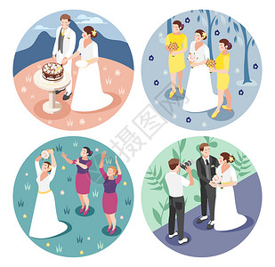 婚礼拍摄流程婚礼2x2与新娘新郎拍摄切割婚礼蛋糕投掷婚礼花圆形图标等距矢量插图插画