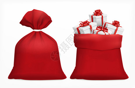 红色口袋与诞礼物,现实的构图,诞老人袋充满礼品盒空白背景矢量插图图片