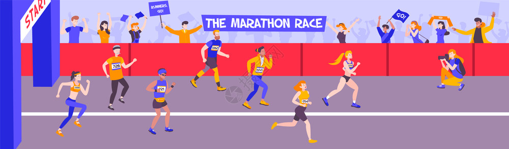 跑步者横向构图与全景跑道与文字人物的跑步人矢量插图图片