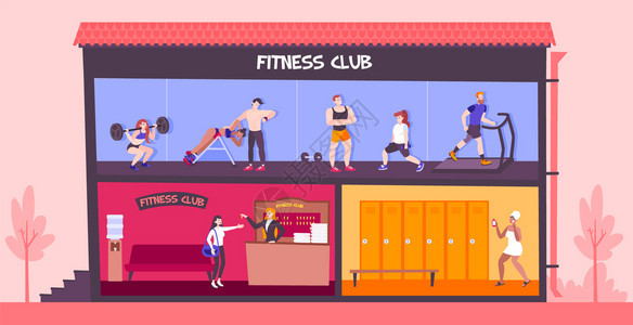 健身俱乐部成与剖视图的两层建筑与同的房间平人物矢量插图图片