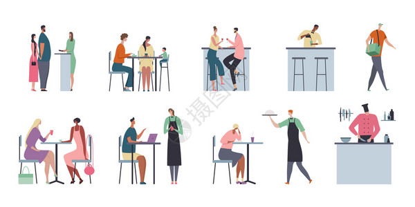 咖啡馆平构图与人餐厅家具与食物的空白背景矢量插图高清图片