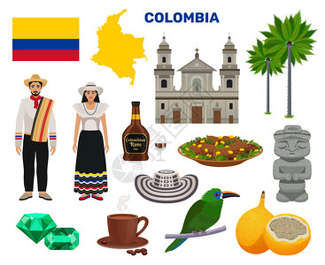 哥伦比亚旅游图标旅游旅游符号平孤立矢量插图图片