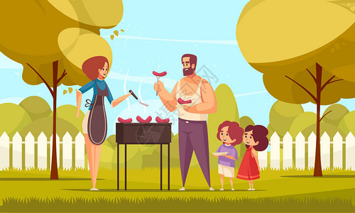 烧烤烧烤家庭作文与涂鸦人物的爸爸妈妈他们的孩子后院矢量插图图片