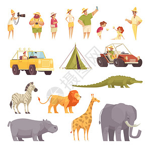狩猎旅行趣的平图标收集与游客吉普车汽车帐篷野生非洲动物矢量插图背景图片