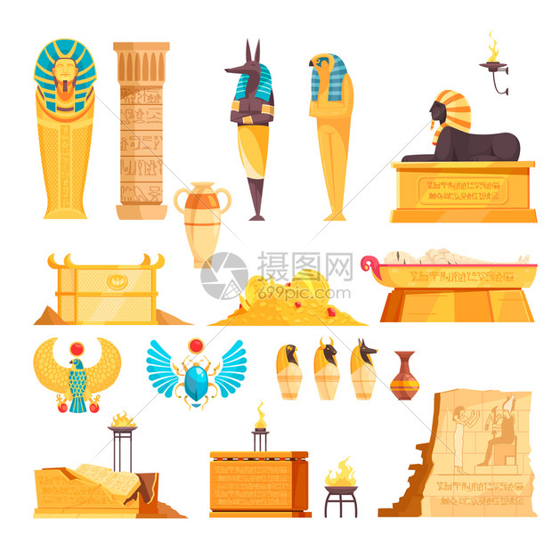 埃及古墓元素墓葬室货物木乃伊蚀刻墙壁黄金护身符平矢量插图图片