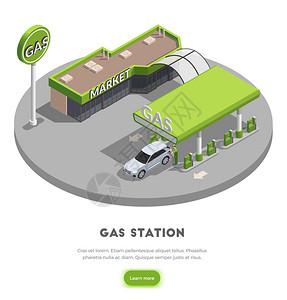 加油站等距背景与加油站建筑图像学更多的按钮文本矢量插图图片