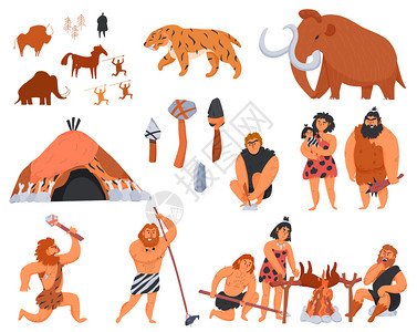 原始人的工具野生动物卡通图标白色背景矢量插图上图片