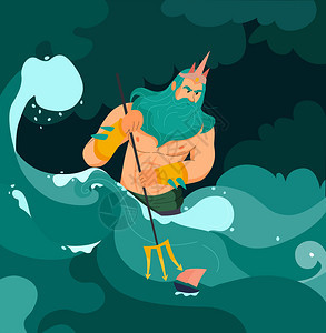 波塞冬希腊海神与三叉戟卡通矢量插图图片