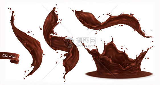 巧克力飞溅的真实的孤立图像与小滴曲线流动的空白背景矢量插图图片