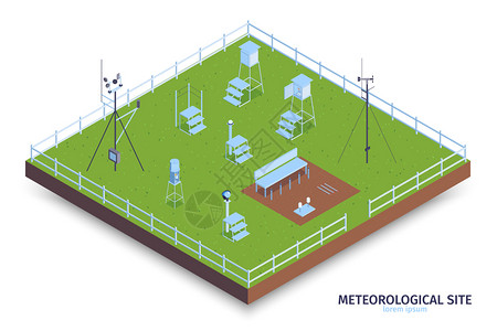 等距气象中心成,以围栏绿地天气观测设备与楼梯矢量插图背景图片