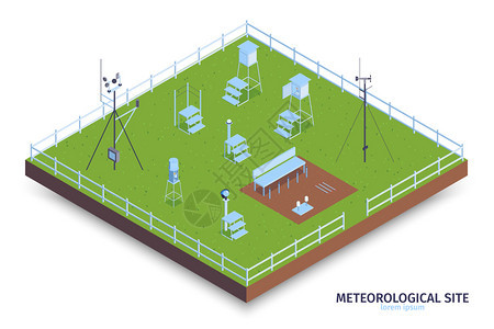 等距气象中心成,以围栏绿地天气观测设备与楼梯矢量插图图片