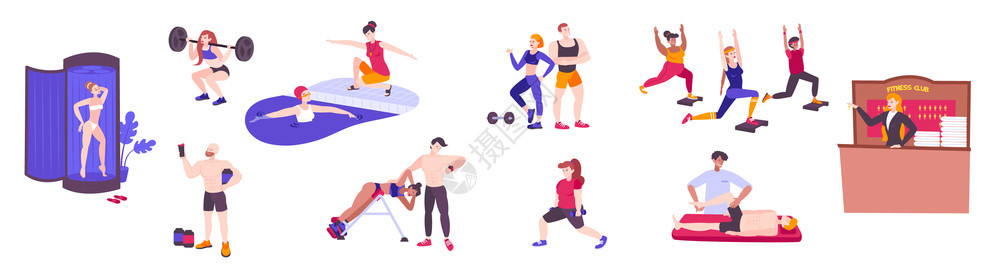 健身俱乐部与孤立涂鸦人的特点,训练人的运动设备,体操器械矢量插图图片