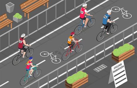 自行车运动员参加城市自行车马拉松三维等距矢量插图图片