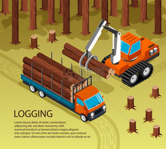 等距锯木厂木工背景成与户外森林风景挖掘机装载树干成卡车矢量插图图片