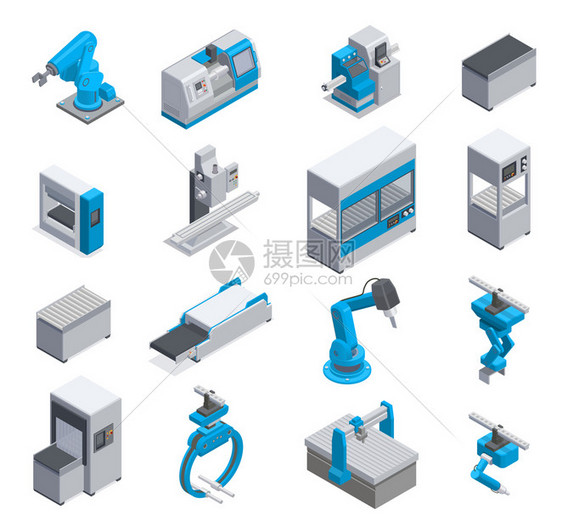 工业机器制造商设备元素等距图标与输送机机器人手臂控制板隔离矢量插图图片