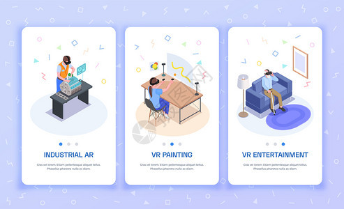 虚拟增强现实3等距垂直横幅与AR工业经验VR绘画娱乐活动背景矢量插图背景图片