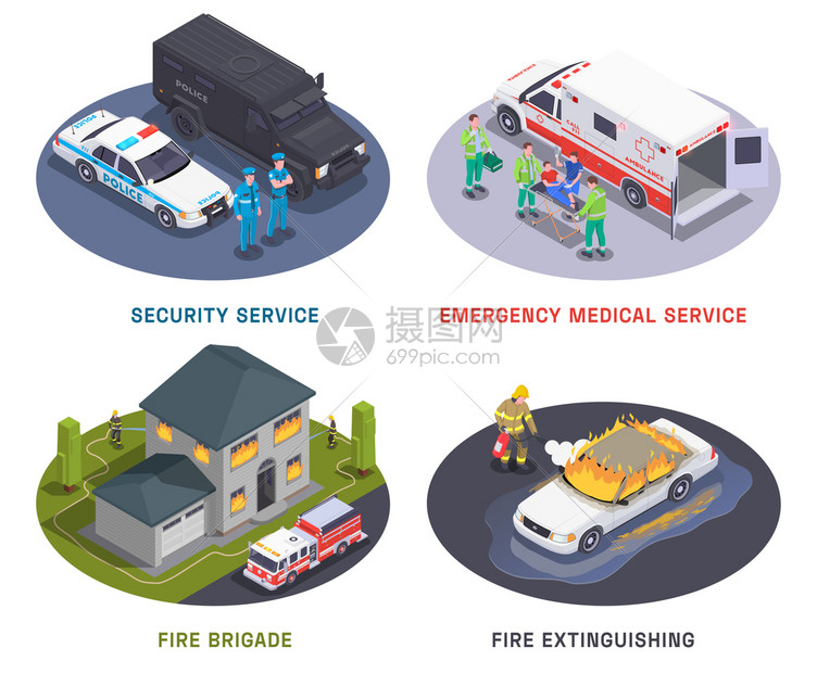 应急服务4等距成与消防队医疗队保安工作矢量插图图片