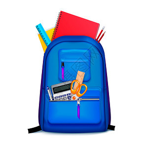 学校背包文具成与套现实的学者配件出幼稚的蓝色背包矢量插图图片