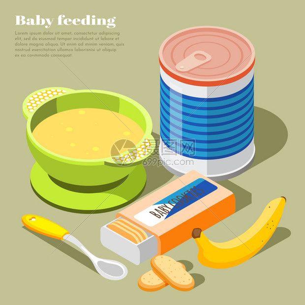 健康婴儿食品等距成与奶粉饼干香蕉泥碗婴儿勺子背景矢量插图图片