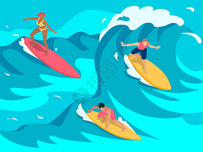 经验丰富的冲浪者用更长的木板,彩色等距构图矢量插图,划高波上图片