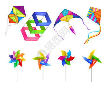 孤立现实的风筝风车玩具图标同大小的玩具天空矢量插图中飞行图片
