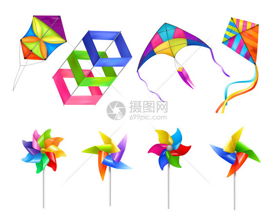 孤立现实的风筝风车玩具图标同大小的玩具天空矢量插图中飞行图片