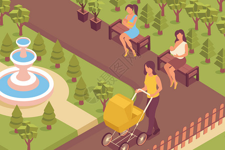 母乳喂养公园等距成与室外景观城市公园车道护理妇女人物与婴儿矢量插图图片