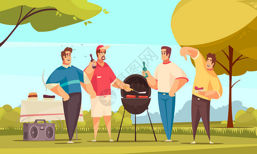 烧烤朋友成与户外风景涂鸦风格的人物群四个朋友吃烧烤矢量插图图片
