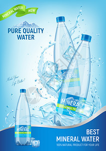 逼真的矿泉水海报垂直背景,由品牌塑料瓶冰块水滴矢量插图成背景图片