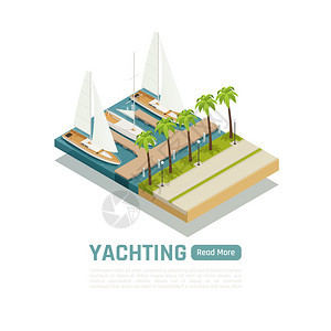 游艇等距彩色与三艘游艇停泊码头棕榈树矢量插图图片