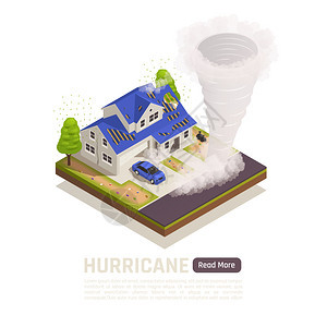 彩色等距自然灾害构图与飓风描述,并阅读更多按钮矢量插图图片