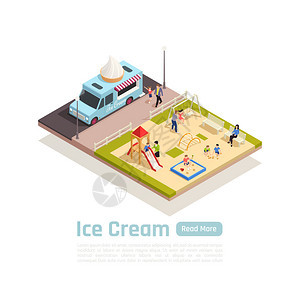 等距电车卡车彩色成与冰淇淋卡车停操场附近的矢量插图图片