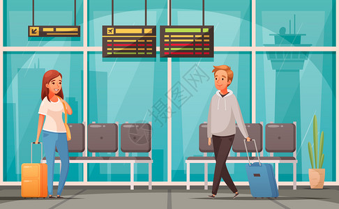 卡通背景与两名乘客的手提箱机场等候大厅矢量插图图片
