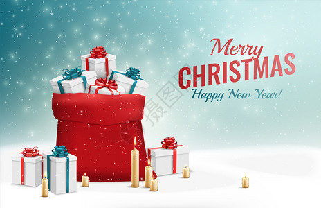 红包诞礼物水平横幅背景与现实雪花蜡烛礼品盒与文本矢量插图图片