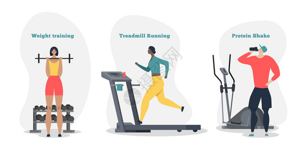 运动的人成与人类的人物工作与重量训练跑步机运行蛋白质动矢量插图背景图片