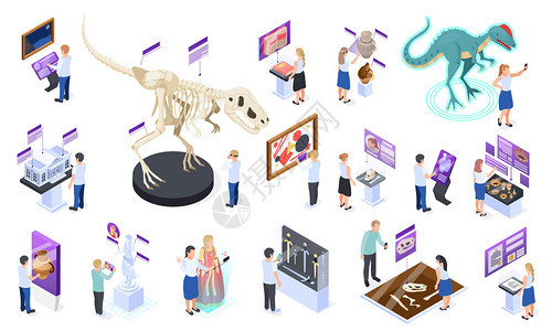 现代博物馆展出交互式数字内容等距图标与龙骨架虚拟现实图像矢量插图图片